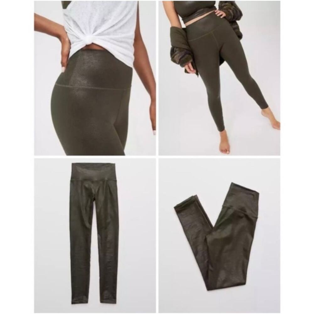 Aerie Offline Leggings High Rise Faux Leather Crackle Coated Green Womens Large